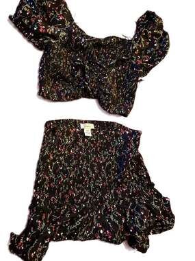 Japna Black Floral Smocked 2-Piece Crop Top and Mini Skirt Set